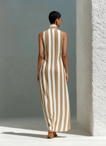 Women's White Sleeveless Striped Stand Collar Maxi Dress – ModClo