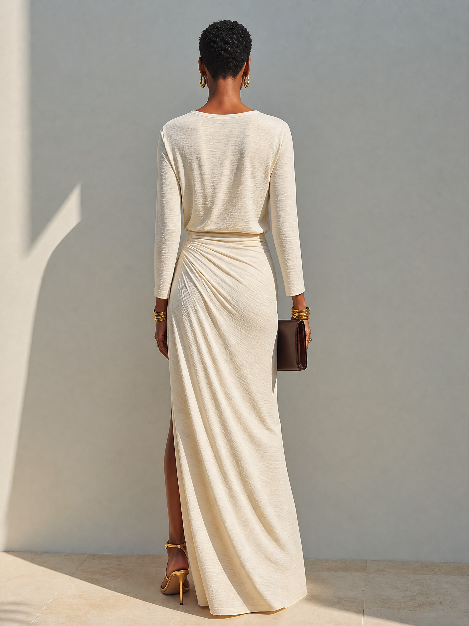 Women's Beige Cotton Ruched Slit Maxi Dress – ModClo