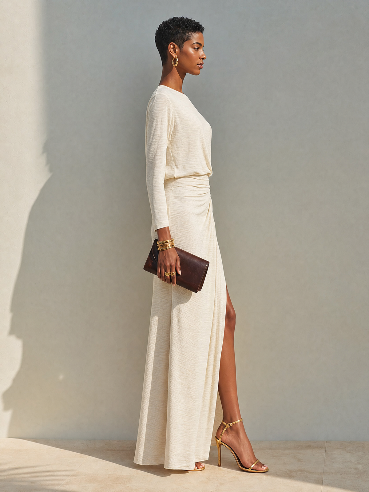 Women's Beige Cotton Ruched Slit Maxi Dress – ModClo