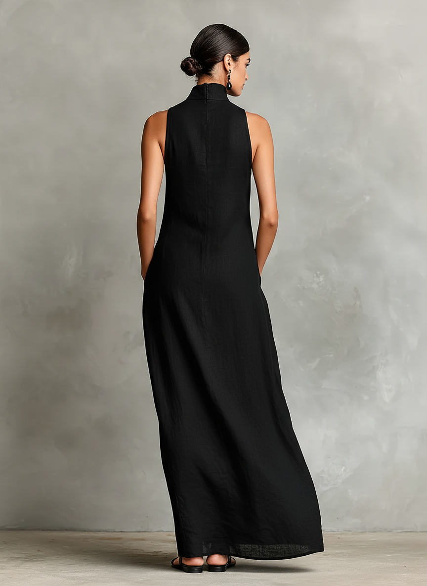 Women's Black Linen High Neck Maxi Dress – ModClo
