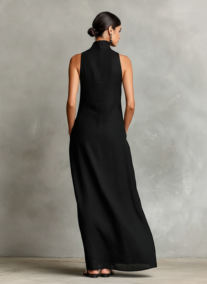 Women's Black Linen High Neck Maxi Dress – ModClo