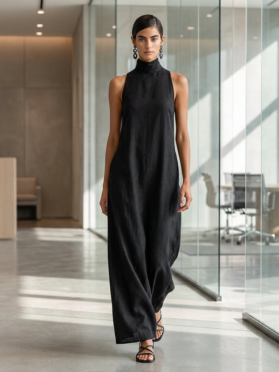 Women's Black Linen High Neck Maxi Dress – ModClo