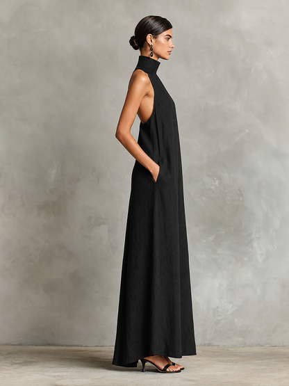 Women's Black Linen High Neck Maxi Dress – ModClo
