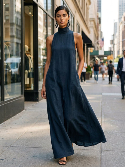 Women's Black Linen High Neck Maxi Dress – ModClo