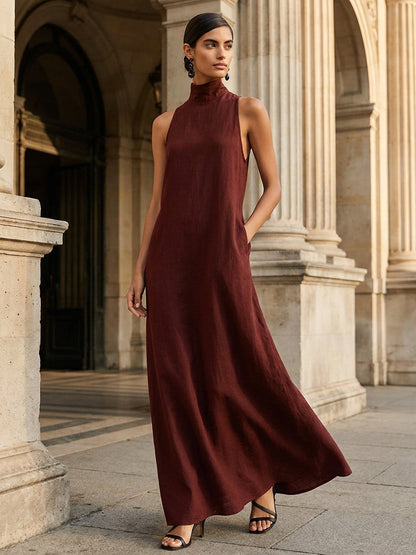 Women's Black Linen High Neck Maxi Dress – ModClo
