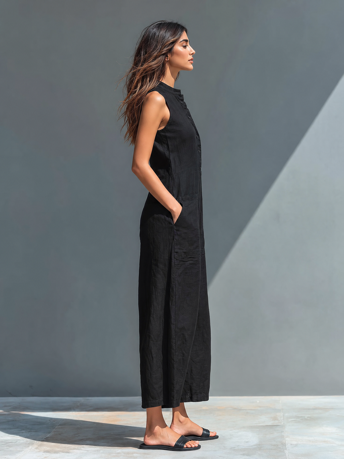 Women's Linen Sleeveless Stand Collar Jumpsuit – ModClo