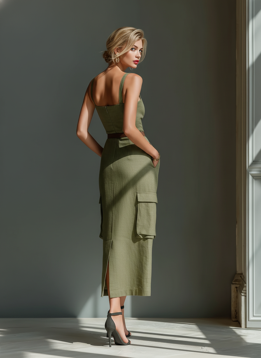 Women's Green Linen Sleeveless Belted Midi Dress – ModClo