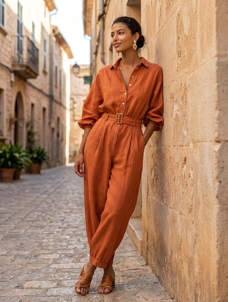 Women's Linen Cotton Belt Jumpsuit – ModClo