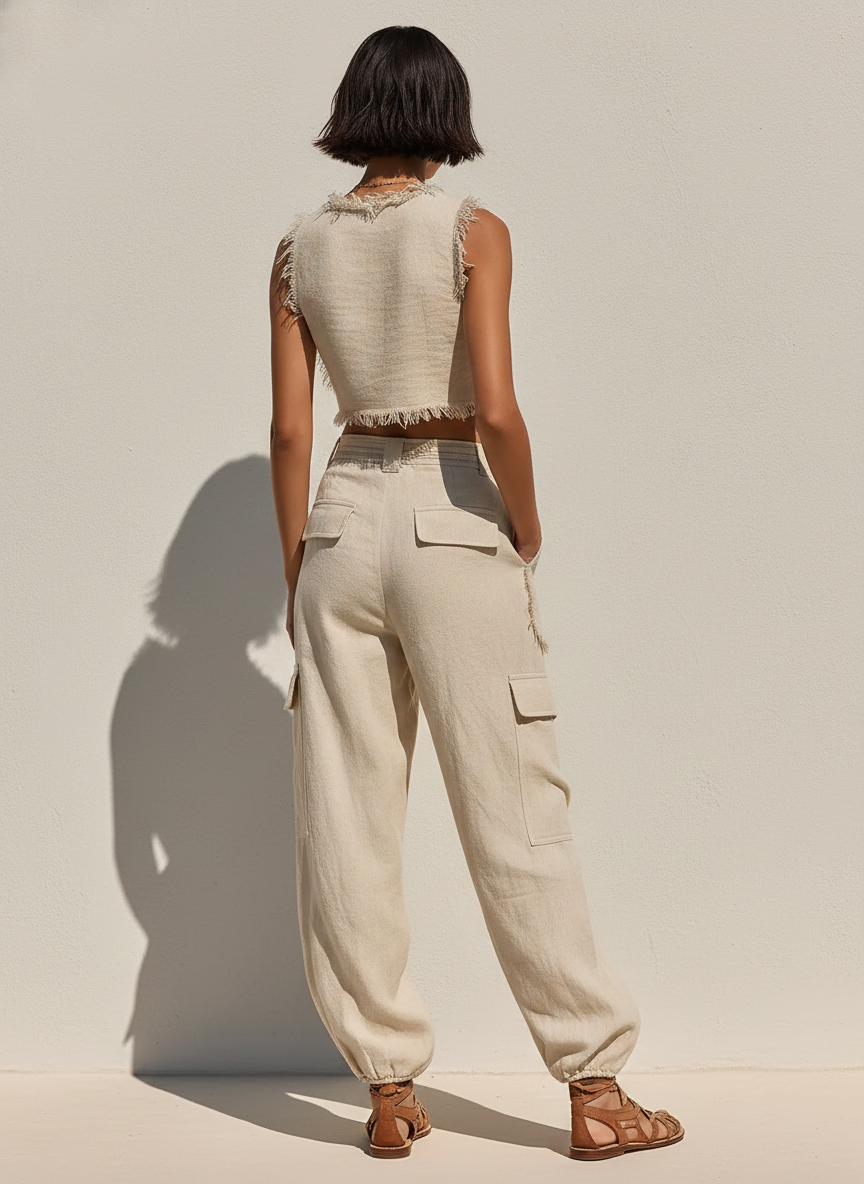 Women's Beige Linen Cargo Two-Piece Set – ModClo