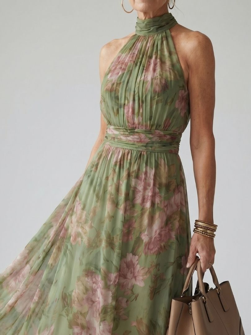 Women's Midi Dress Floral Halter Neckline