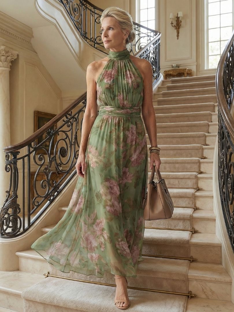 Women's Midi Dress Floral Halter Neckline