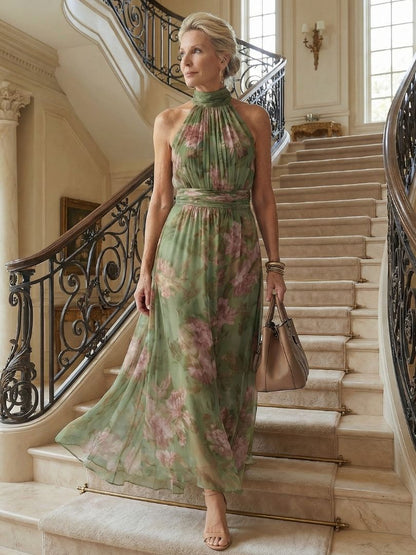 Women's Midi Dress Floral Halter Neckline