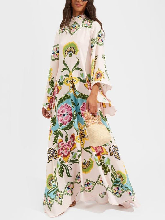 Women's Boho Floral Print Kimono Sleeve Maxi Dress