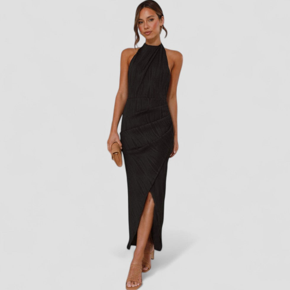 Elegant Pleated Halterneck Maxi Dress for Special Occasions