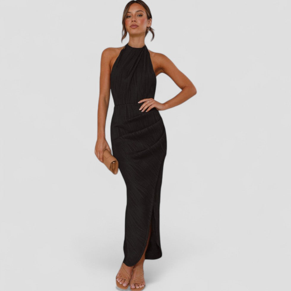 Elegant Pleated Halterneck Maxi Dress for Special Occasions