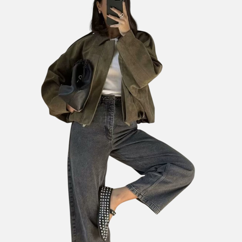 Suede Spring Jacket Zip Front Cropped – ModClo, view 3