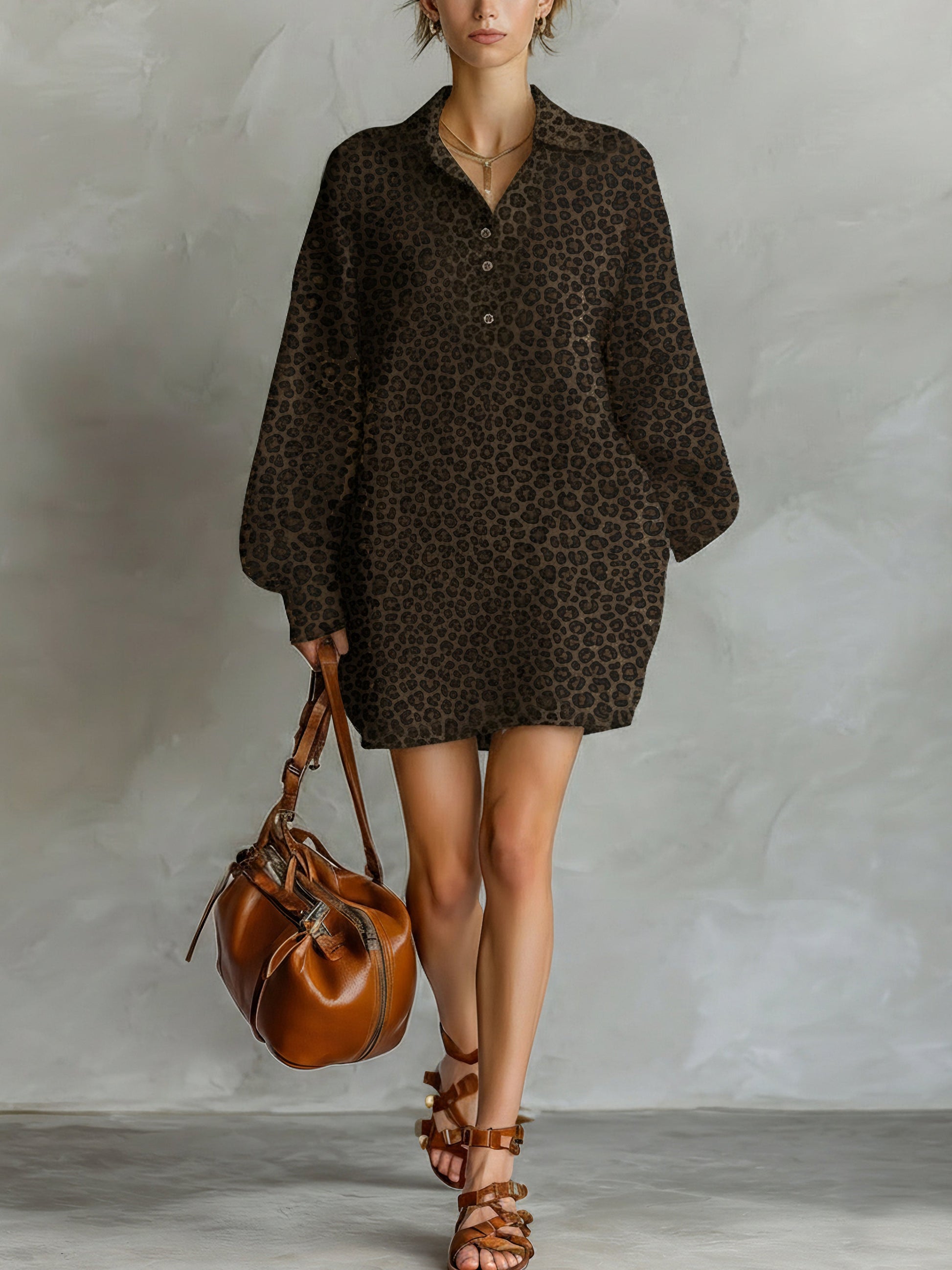 Women's Brown Long Sleeve Print Dress – ModClo