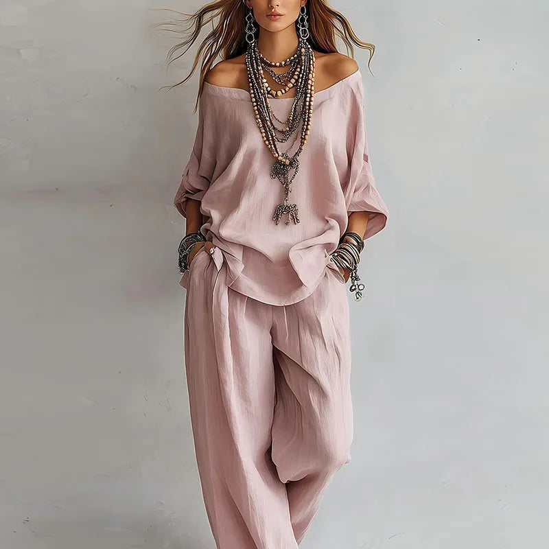 Women's Linen Off-Shoulder Top & Wide-Leg Trouser Set