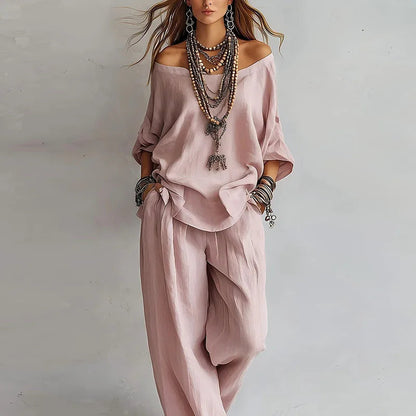 Women's Linen Off-Shoulder Top & Wide-Leg Trouser Set