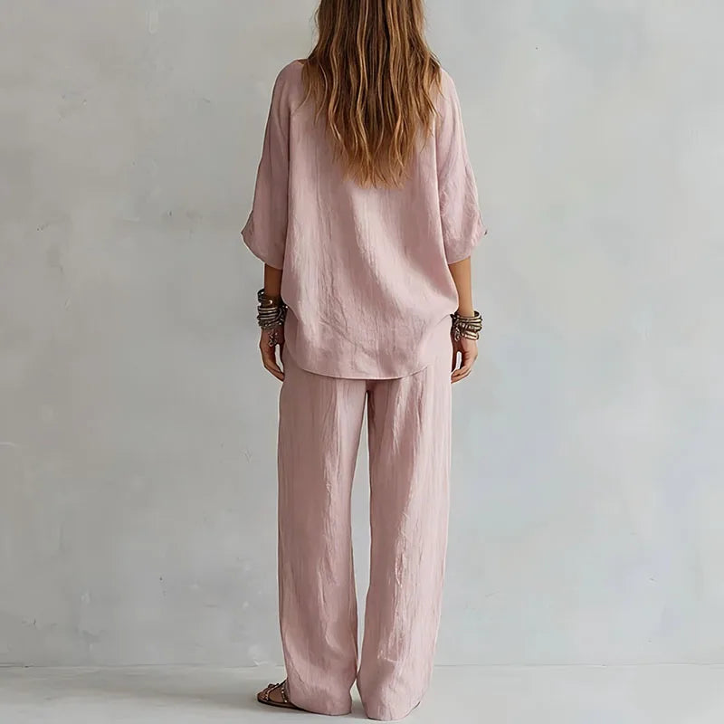 Women's Linen Off-Shoulder Top & Wide-Leg Trouser Set