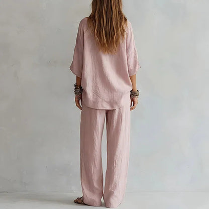 Women's Linen Off-Shoulder Top & Wide-Leg Trouser Set
