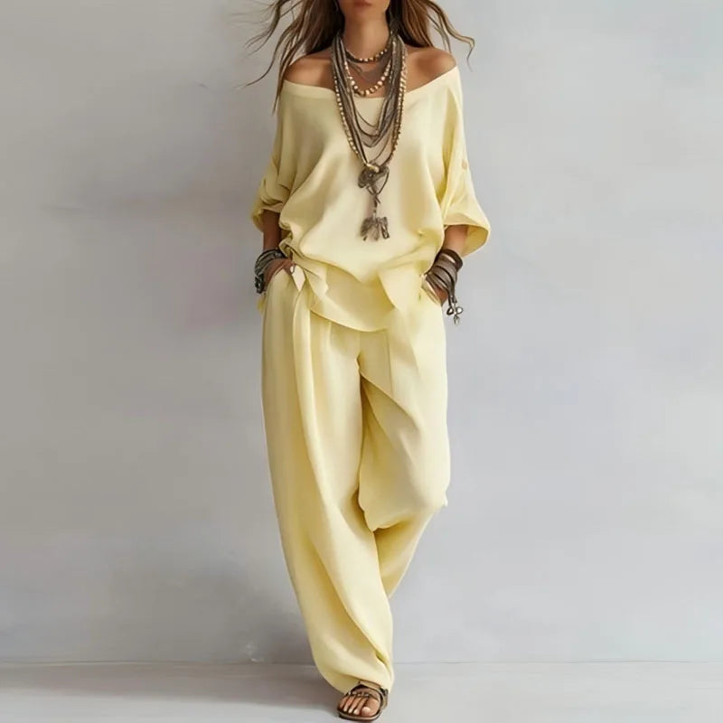 Women's Linen Off-Shoulder Top & Wide-Leg Trouser Set