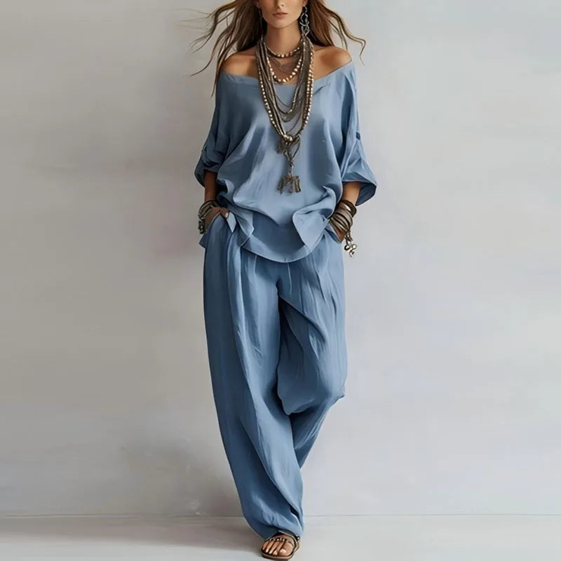 Women's Linen Off-Shoulder Top & Wide-Leg Trouser Set
