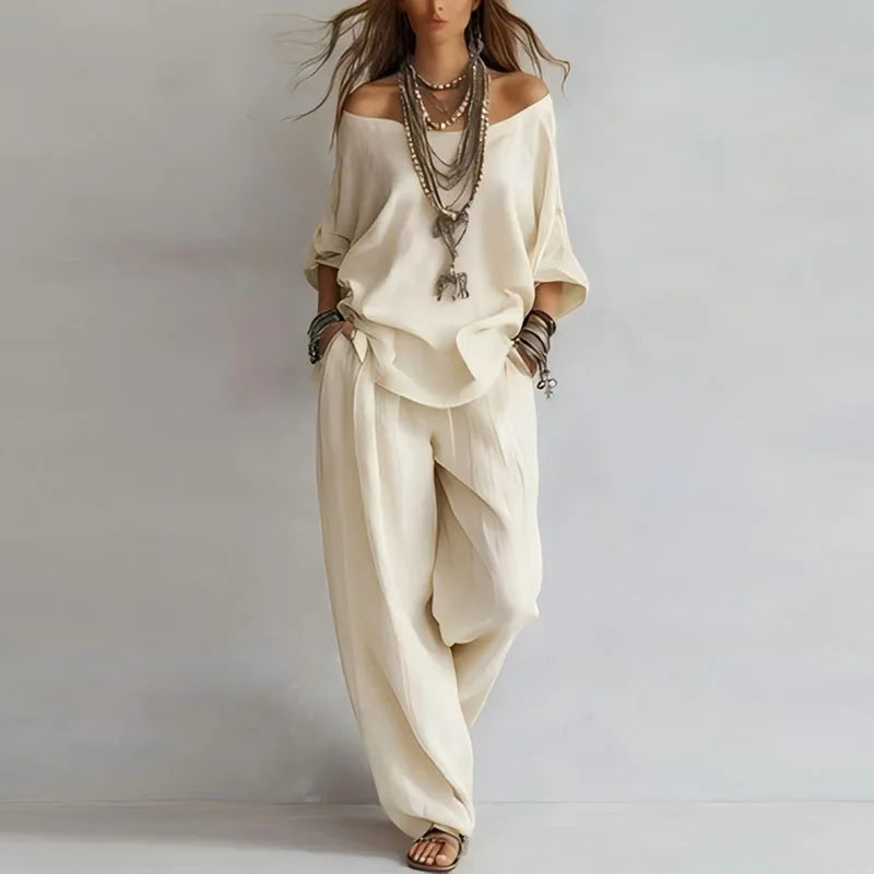 Women's Linen Off-Shoulder Top & Wide-Leg Trouser Set