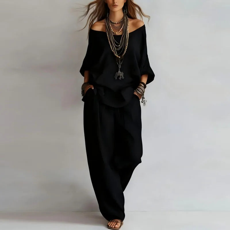 Women's Linen Off-Shoulder Top & Wide-Leg Trouser Set