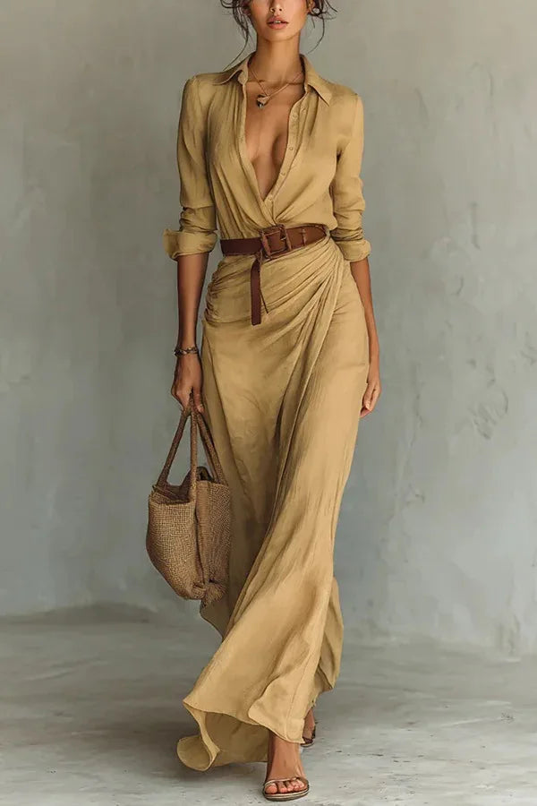 Women's Belted Wrap Maxi Shirt Dress