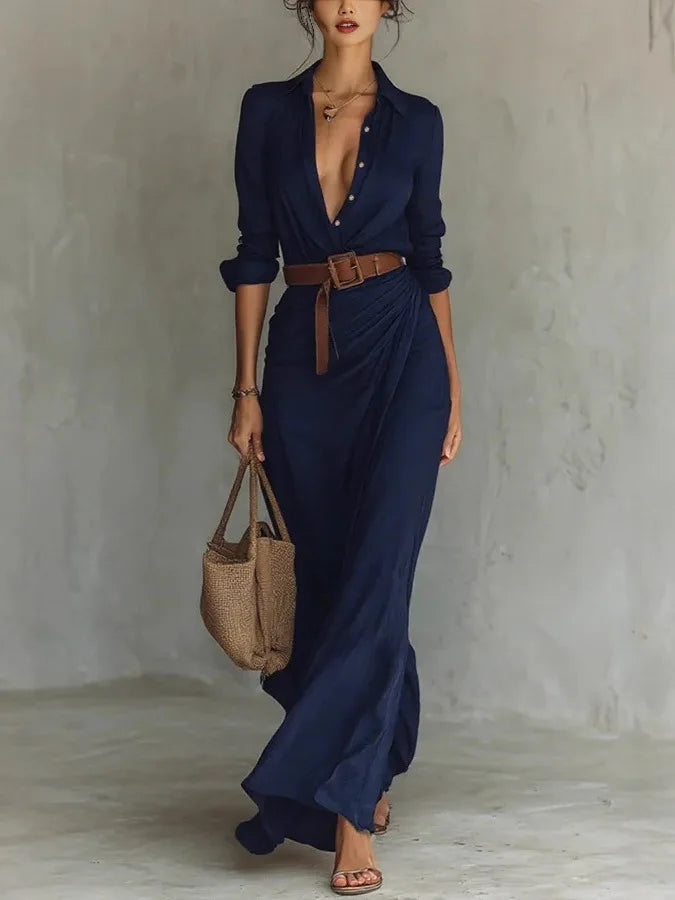 Women's Belted Wrap Maxi Shirt Dress