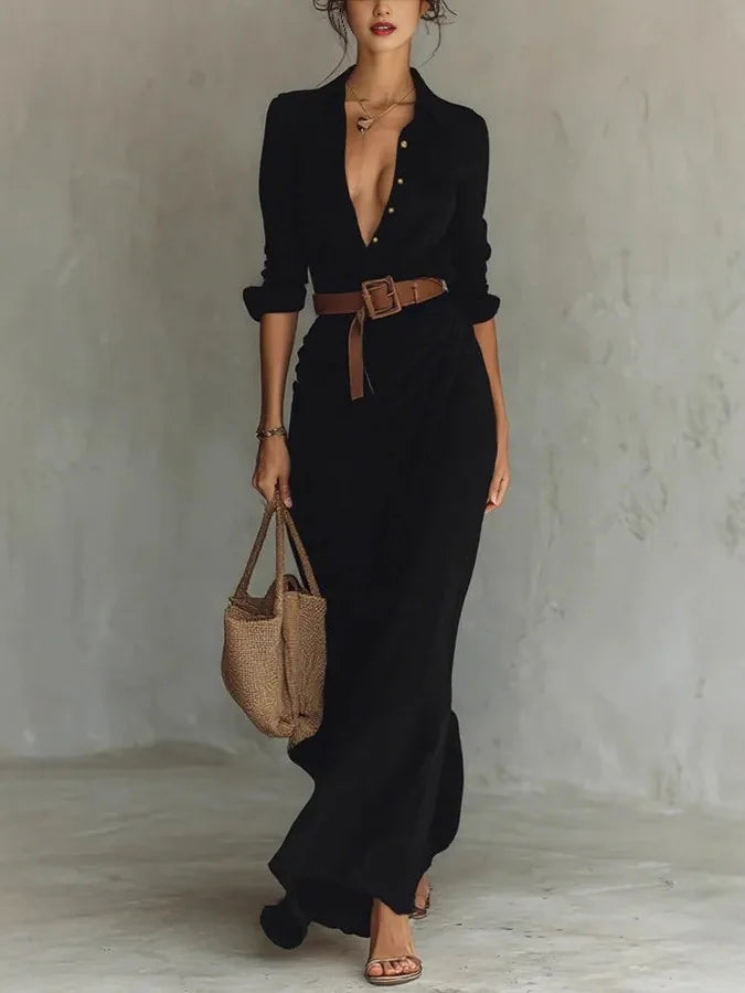 Women's Belted Wrap Maxi Shirt Dress
