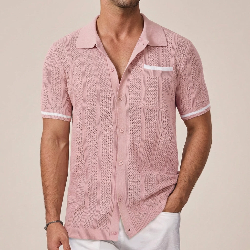 Men's Knit Button Down Shirt Short Sleeve Textured