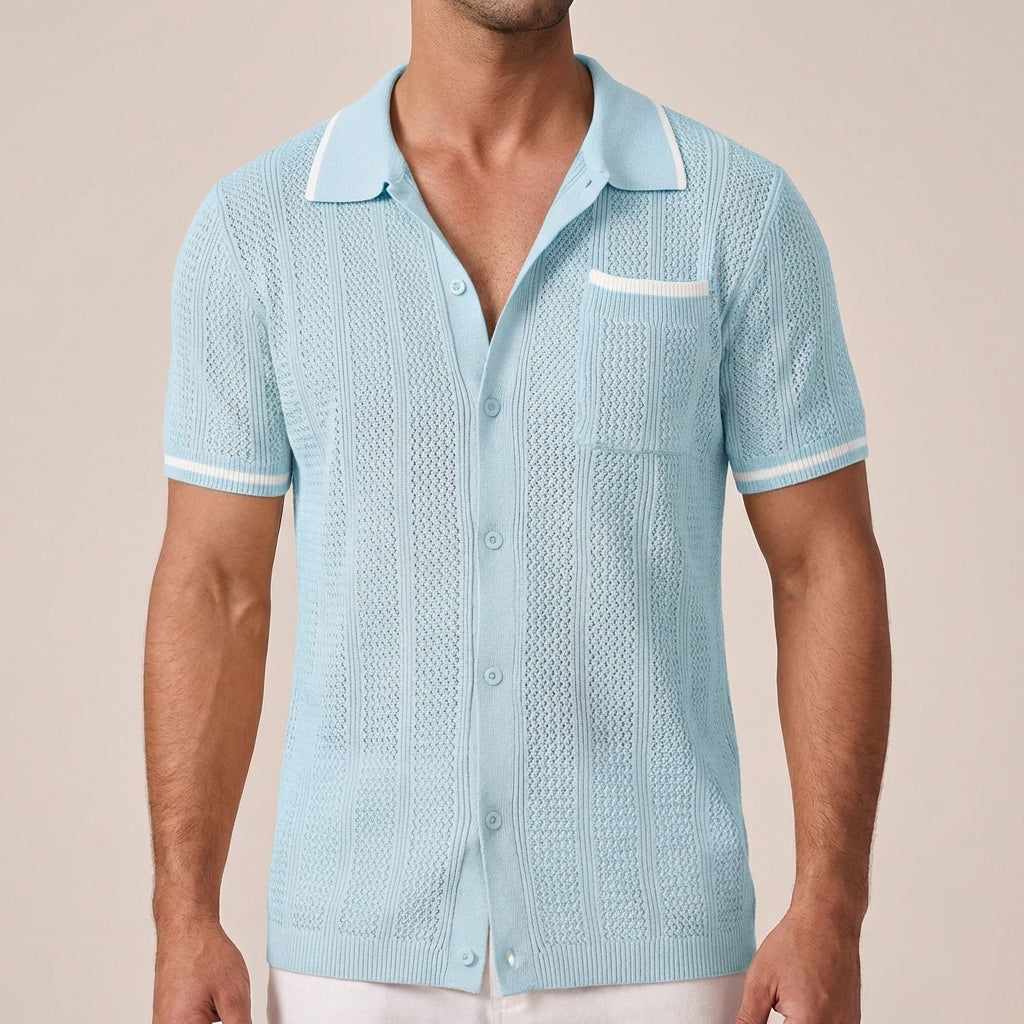 Men's Knit Button Down Shirt Short Sleeve Textured