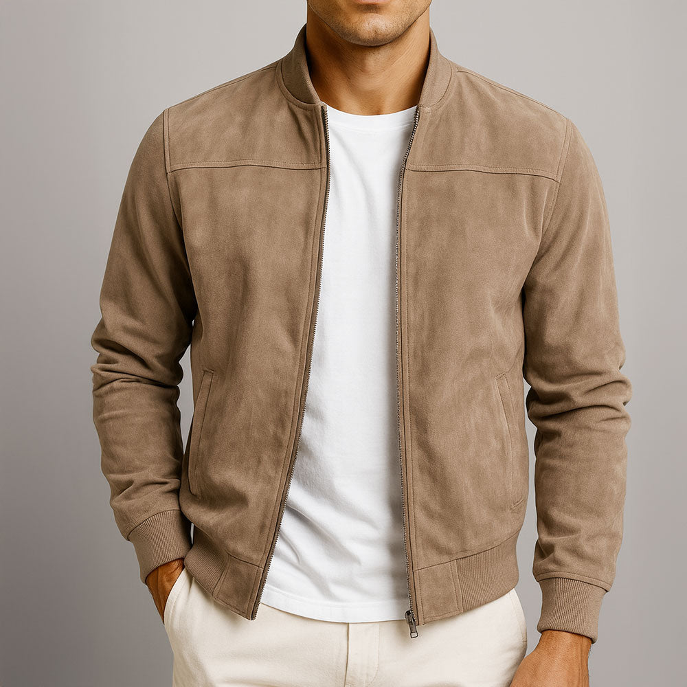 Men's Suede Bomber Jacket Zip Up