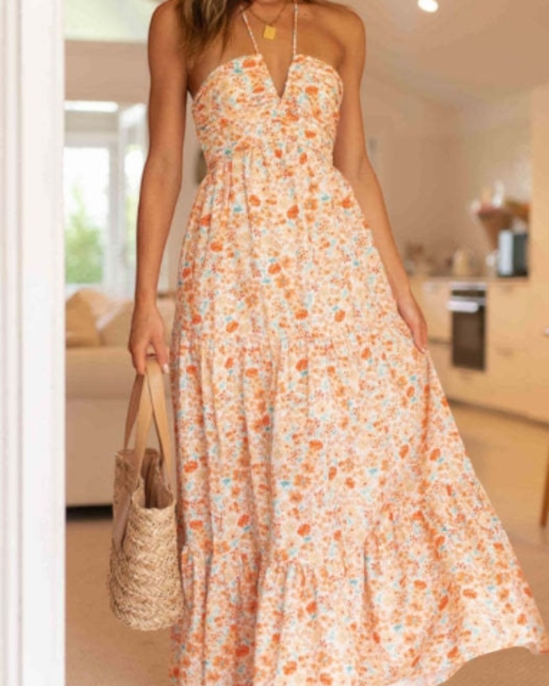 Halter Neck Floral Maxi Dress with Backless Summer Fit