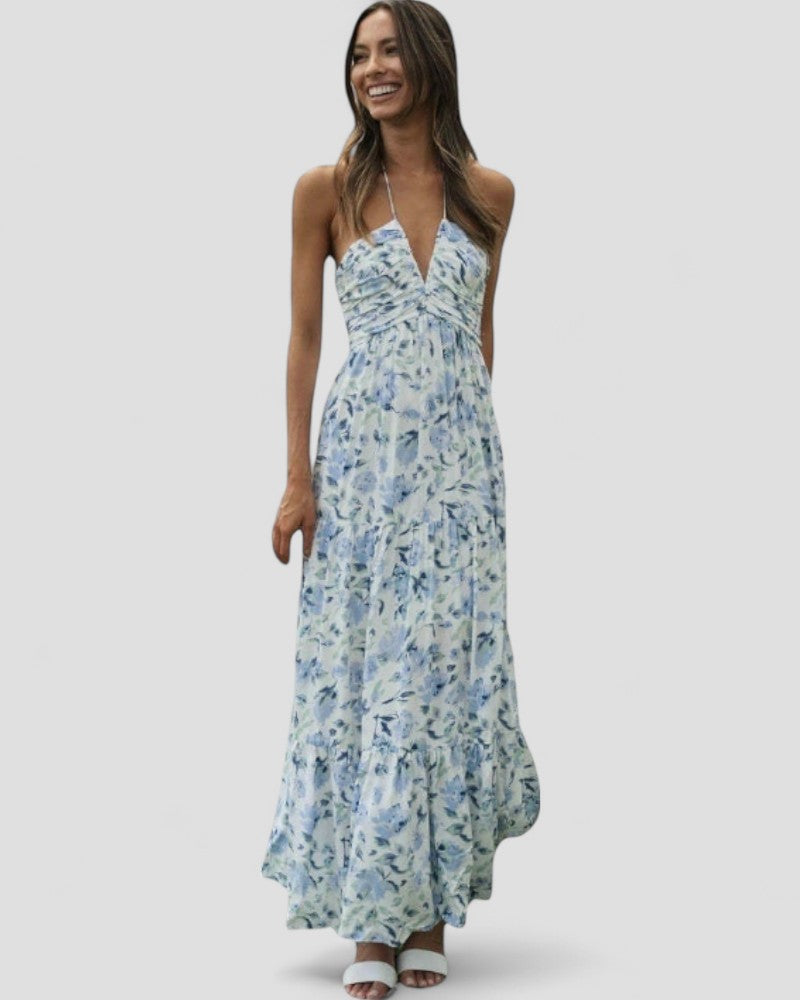 Halter Neck Floral Maxi Dress with Backless Summer Fit