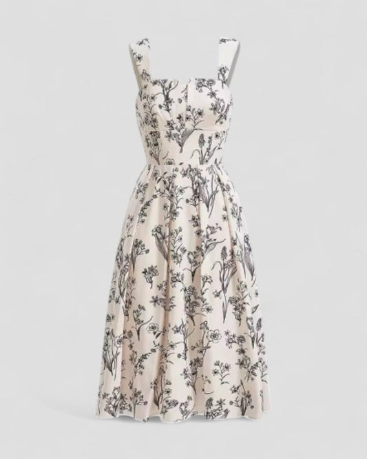Elegant Floral Sleeveless Square Neck Midi Summer Dress