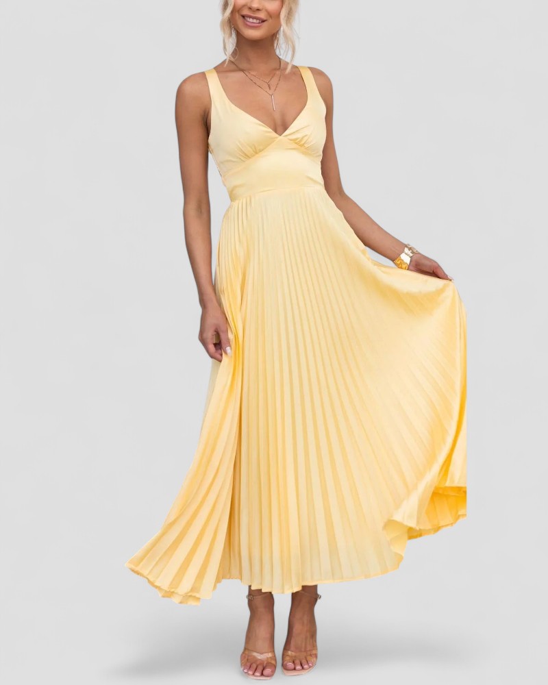 Pleated V Neck Maxi Dress for Summer Elegance