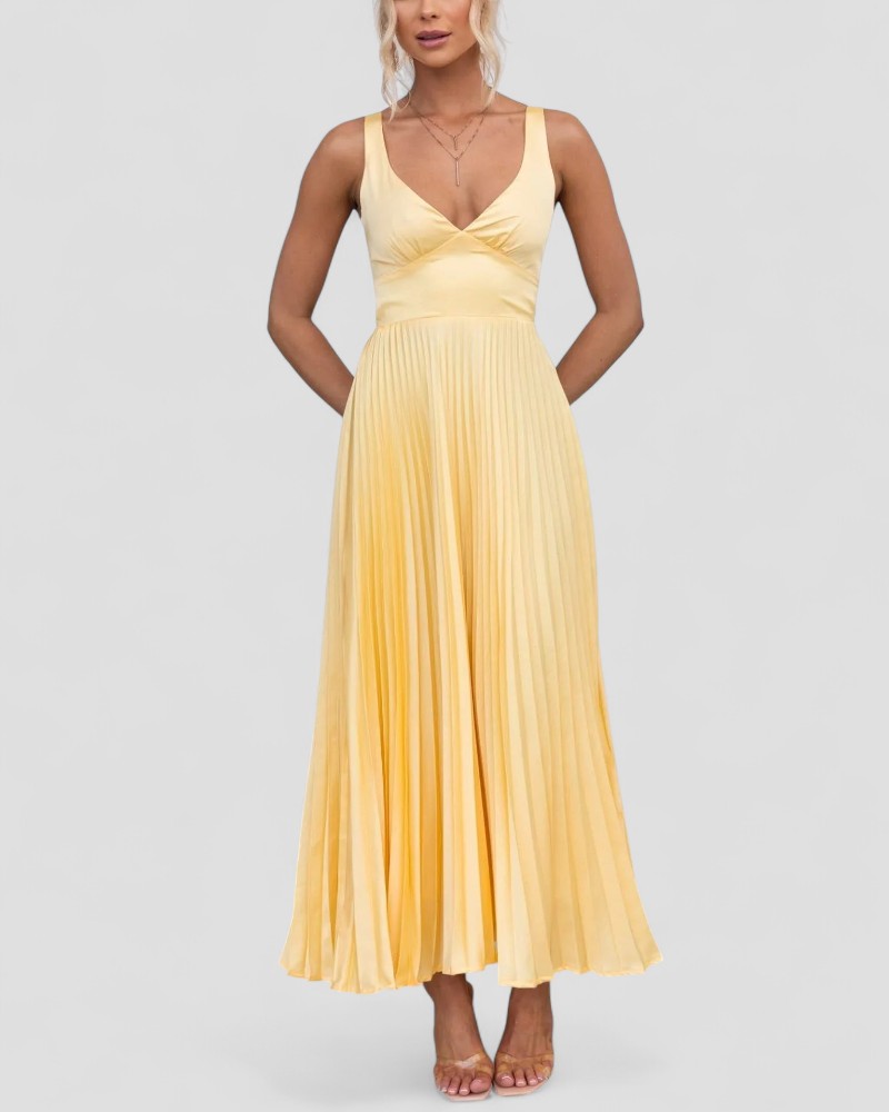 Pleated V Neck Maxi Dress for Summer Elegance