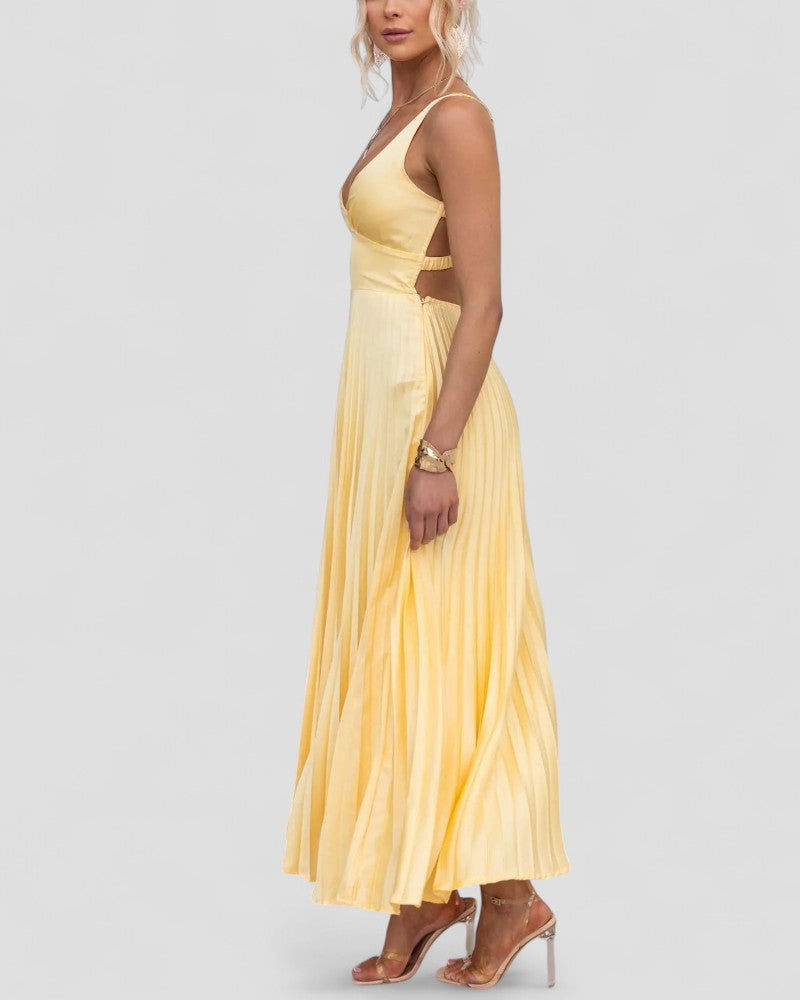 Pleated V Neck Maxi Dress for Summer Elegance