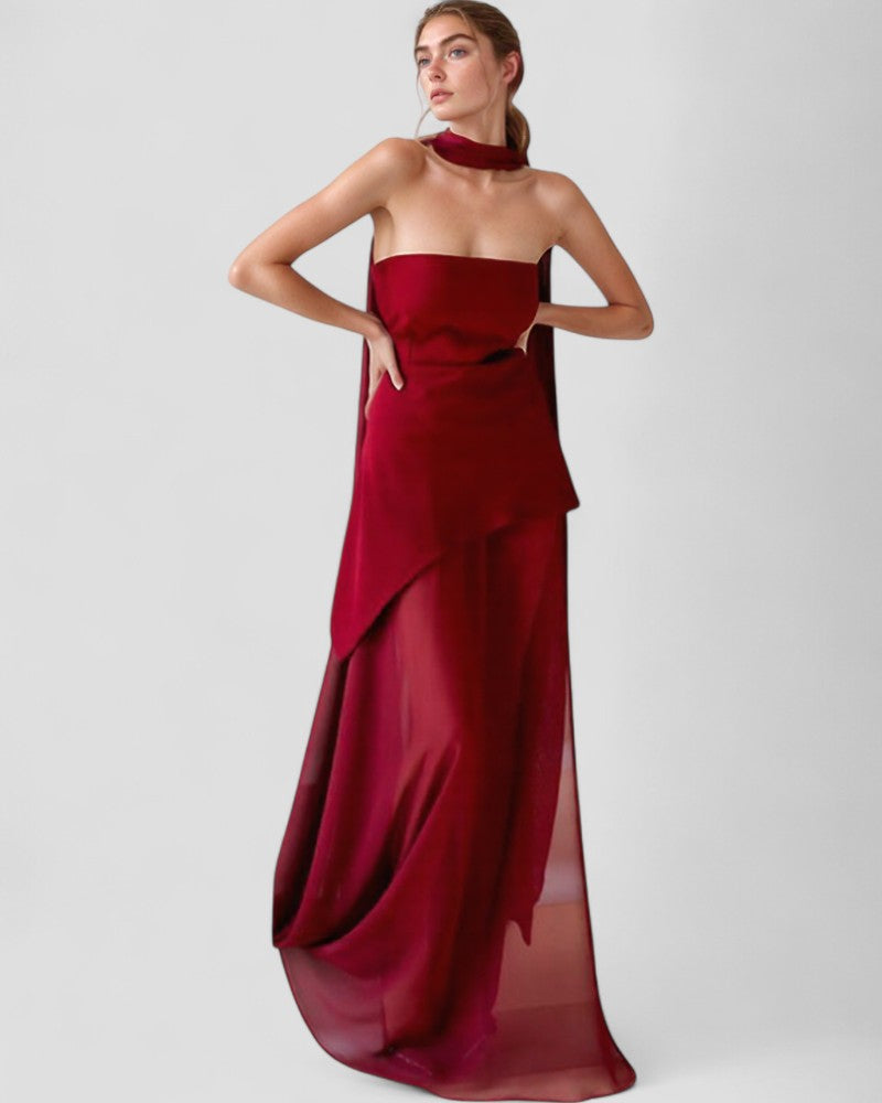 Asymmetric Chiffon Evening Maxi Dress with Sheer Overlay