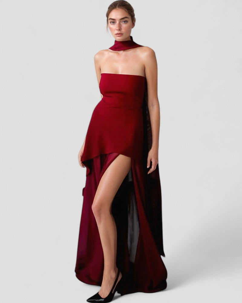 Asymmetric Chiffon Evening Maxi Dress with Sheer Overlay