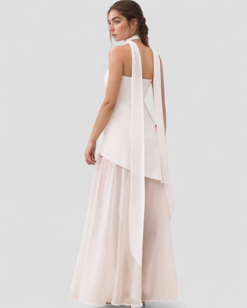 Asymmetric Chiffon Evening Maxi Dress with Sheer Overlay