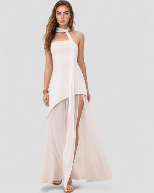 Asymmetric Chiffon Evening Maxi Dress with Sheer Overlay