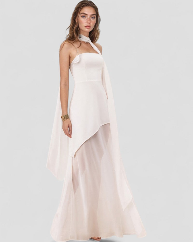 Asymmetric Chiffon Evening Maxi Dress with Sheer Overlay