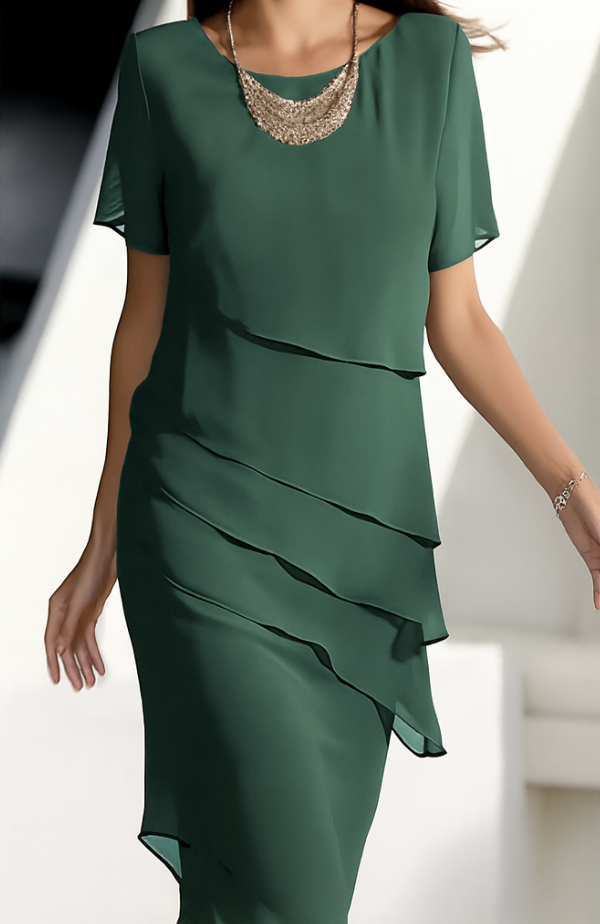 Women's Formal Tiered Chiffon Midi Dress – Short Sleeve Layered Wedding Guest Dress