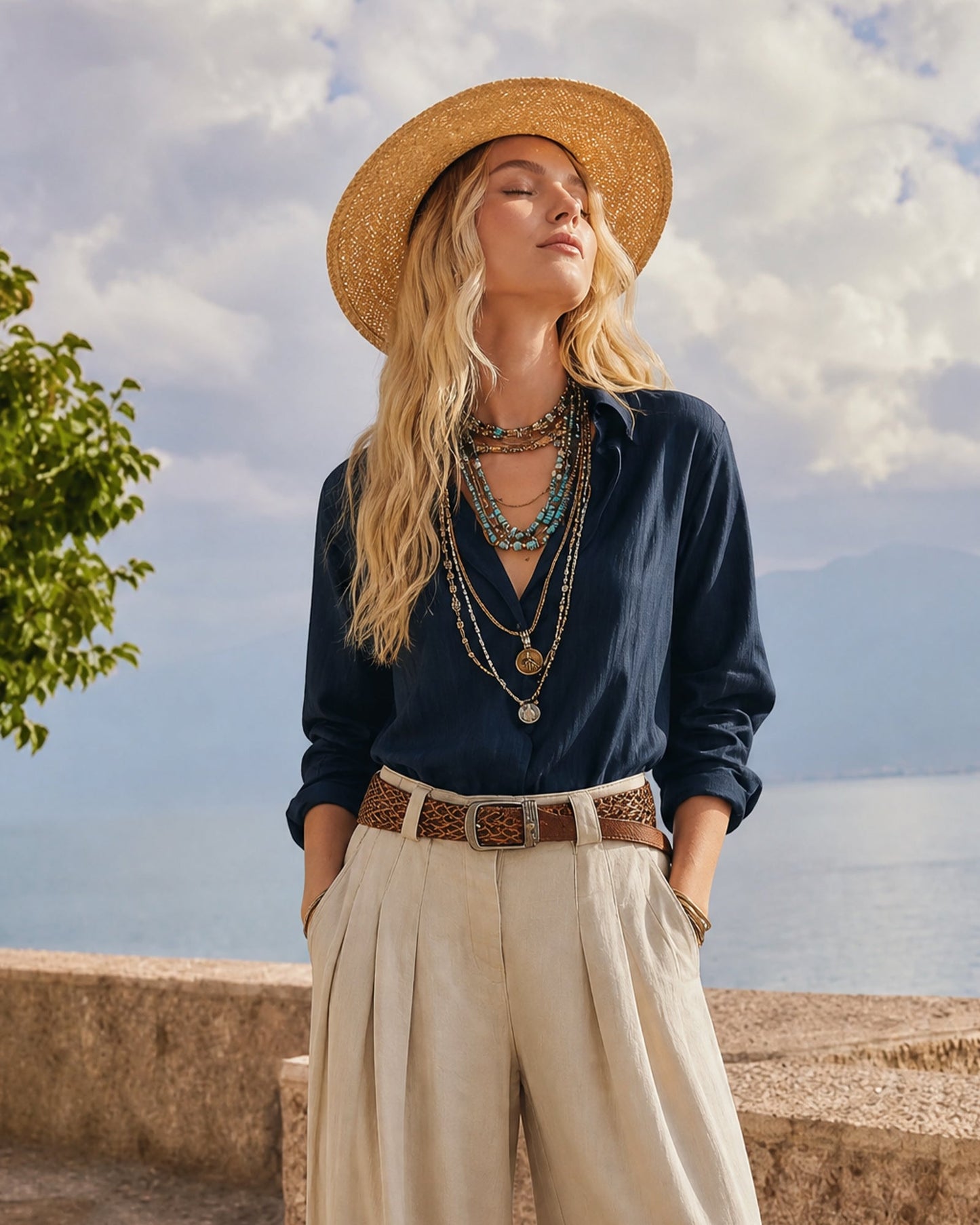 Women's Navy Linen Long Sleeve Shirt – ModClo