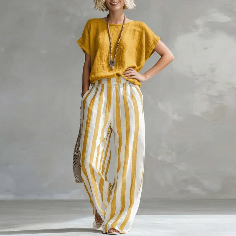 Women's Linen Boxy Top & Striped Wide-Leg Trouser Set