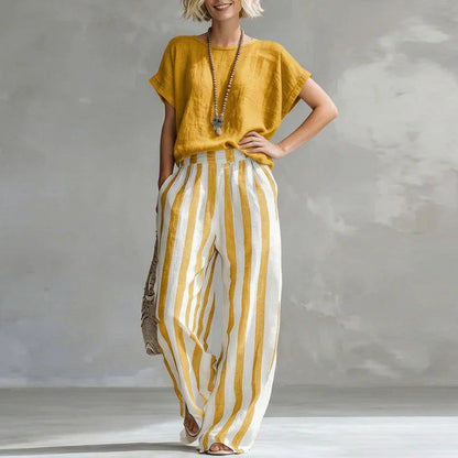 Women's Linen Boxy Top & Striped Wide-Leg Trouser Set
